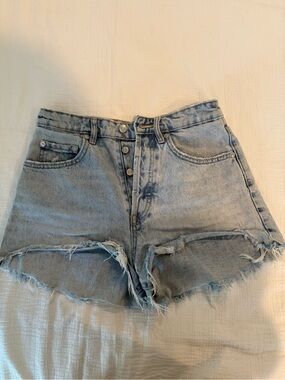 Zara Light Blue Distressed High-Rise Denim Shorts